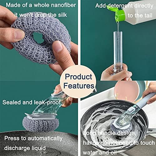 Sabunluk Fırça Seti, 3 Nanofiber Temizleme Topu ile Mutfak Bulaşık Fırçası Sabunluklu Mutfak Bulaşık Fırçası, Tavaları, Lavaboları