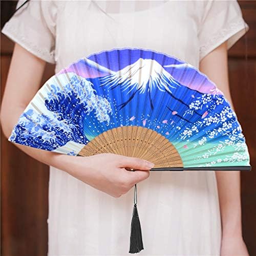 Lysa El Bambu İpek Katlanır Fan El Fan-bir Kumaş Kollu, çin / Japon Vintage Retro Tarzı (Dalga Fuji Dağı)