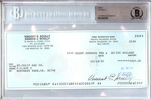 Vin Scully İmzalı İmzalı Kişisel Çek LA Dodgers 2684 1987 BGS Slabbed-Beyzbol Slabbed İmzalı Kartlar