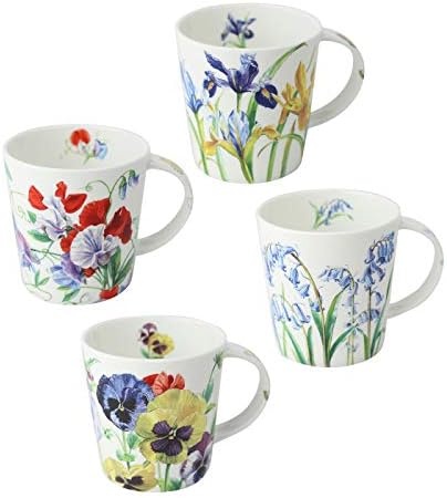 Grace Teaware Kemik Çini Kahve Çay Kupalar 16-Ons, 4 Çeşitli Set (Mor Mavi Çiçek)