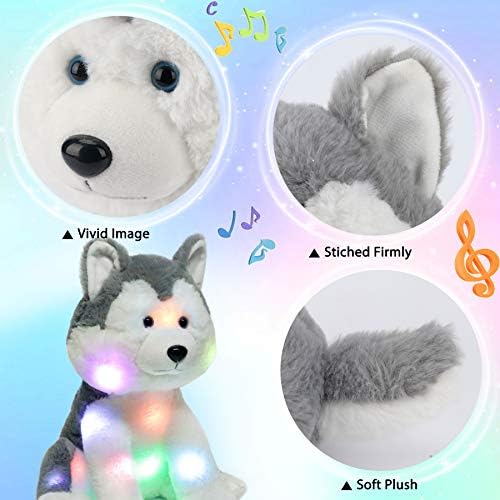Hopearl LED Müzik Dolması Husky Light up Singing Peluş Köpek Ayarlanabilir Ses Ninni Animasyonlu Yatıştırmak Doğum Günü Noel