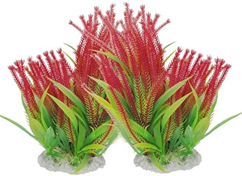 EuisdanAA Aquarium Ceramic Base Plastic Plants, 7.7-Inch, Green/Red( Plantas de plástico con Base de cerámica para acuario, 7.7