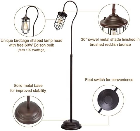 GXDHOME zemin Lambası Ayarlanabilir 62 endüstriyel kemerli zemin Lambası w / 40 W Edison ampul ayakta ışık ev aydınlatma