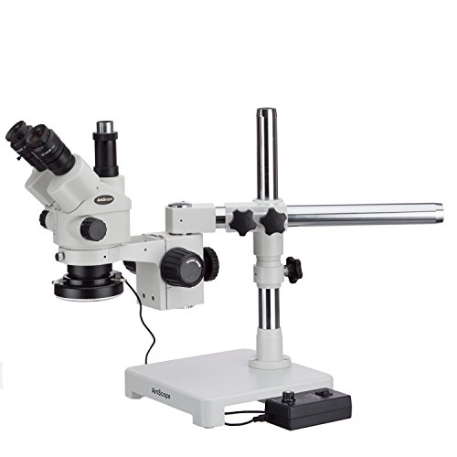 AmScope 3.5 X-45X Simul-Odak Stereo yakınlaştırmalı mikroskop üzerinde tek kol Boom standı ile 144-LED halka ışık ve 5MP USB3