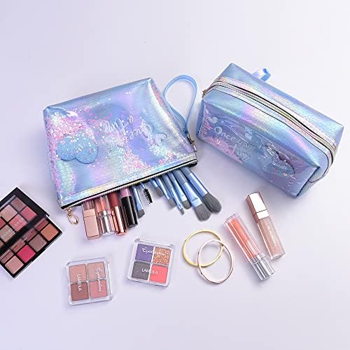 IFSTAR 2 adet Sevimli Makyaj Çantası Kızlar Şeffaf Seyahat Kozmetik çantası 3 adet makyaj çantası Kadınlar için (Holografik Mavi,