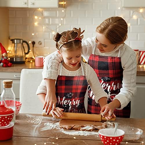 2 Parça Eşleştirme Noel Önlük Mutfak Çocuk Önlük Ayarlanabilir Anne ve Çocuk Önlük Buffalo Ekose Annem ve Ben Kırmızı Siyah Önlük