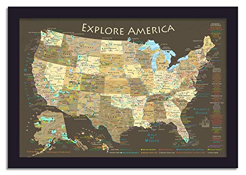 Amerika ABD Haritasını Milli Parklar, Simge Yapılar, Eyalet Çerçeveli İtme Pimi Haritasıyla En Yüksek Tepe Noktası ile keşfedin