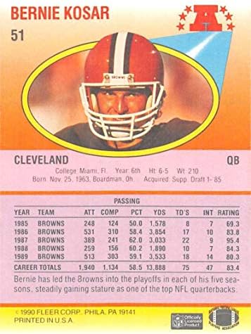 1990 Fleer Futbol 51 Bernie Koşar Cleveland Browns Fleer'den Resmi NFL Ticaret Kartı