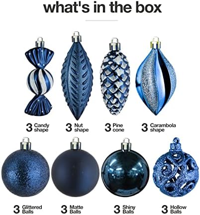 Noel Süslemeleri için Gece Mavisi Noel Topu Süsleri-Tatil ve Parti Dekorasyonu için Asılı Döngü ile 24 Adet Noel Ağacı Kırılmaz