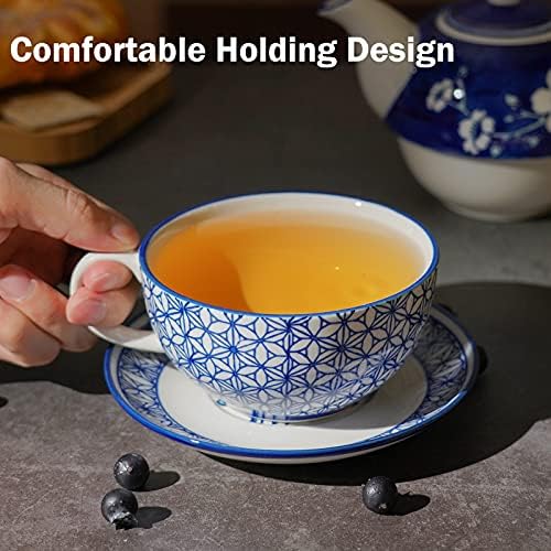 Taimei Çay Saati Mavi Seramik çay seti için Bir Fincan ve fincan tabağı ile Kadınlar için, 19.6 oz Japon Tarzı Çay için Bir Set