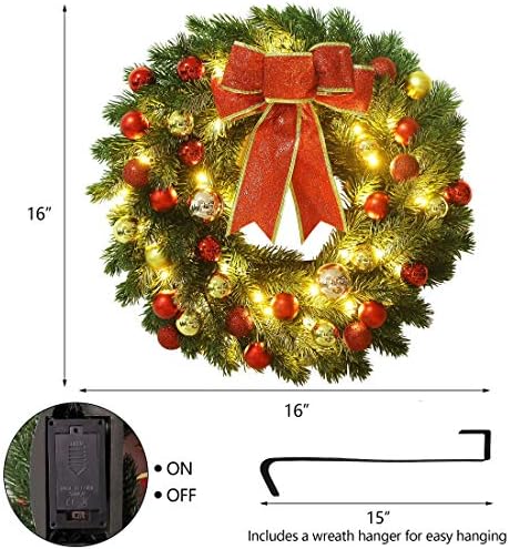 Metal Askılı Juegoal 16 İnç Önceden Aydınlatılmış Noel Çelengi, Büyük Kırmızı Yay ve Renkli Toplar, Sıcak Beyaz 40 LED Işıklı