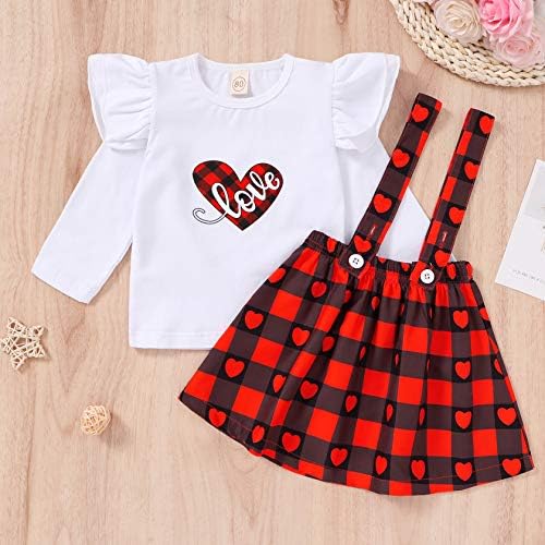 Toddler Bebek Kız sevgililer Günü Kıyafet Fırfır Uzun Kollu T-Shirt ve Askı Elbise Etek 2 Adet Kız Kalp Giysi Setleri