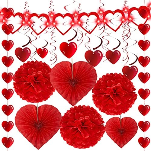 TURNMEON 26 Paket sevgililer Günü Parti süslemeleri Seti, sevgililer ışıkları Asılı Girdaplar Kalp Garland Afiş kağıt yelpaze