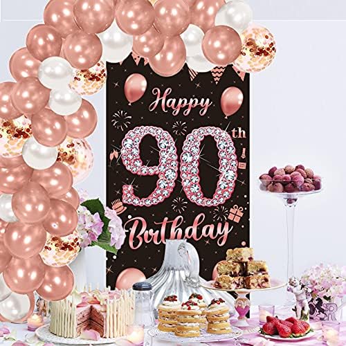 Mutlu 90th Doğum Günü Kapı Afiş Süslemeleri ve Balon Kemer Çelenk Kiti Kadınlar için-Gül Altın 90th Doğum Günü Partisi Kapı Kapak