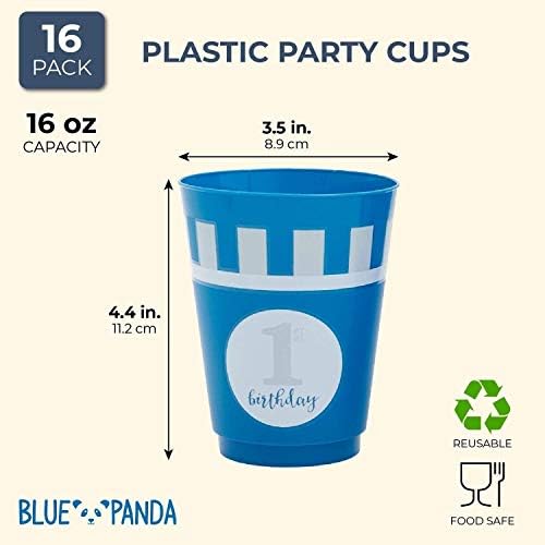 ÇEŞİTLİ 16x Plastik 16 Oz Parti Bardak 1st Doğum Günü Kullanımlık Tumblers Çocuk Boys için Mavi Beyaz