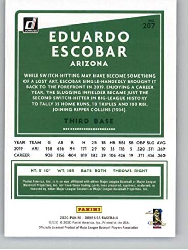 2020 Donruss Holo Mavi Beyzbol 207 Eduardo Escobar Arizona Diamondbacks Resmi MLB PA Beyzbol Ticaret Kartı Ham (NM veya Daha