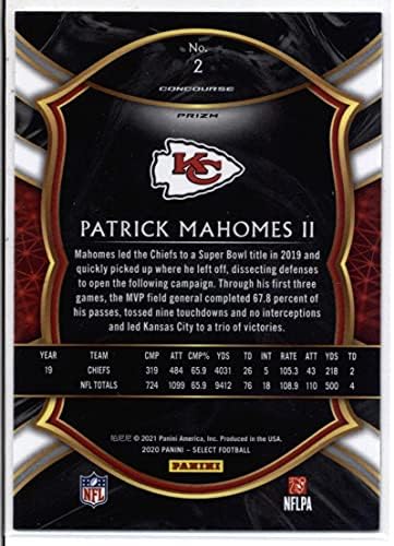 2020 Panini Seç Gümüş Prizm 2 Patrick Mahomes II Kansas City Chiefs Concourse NFL Futbol Kartı NM-MT